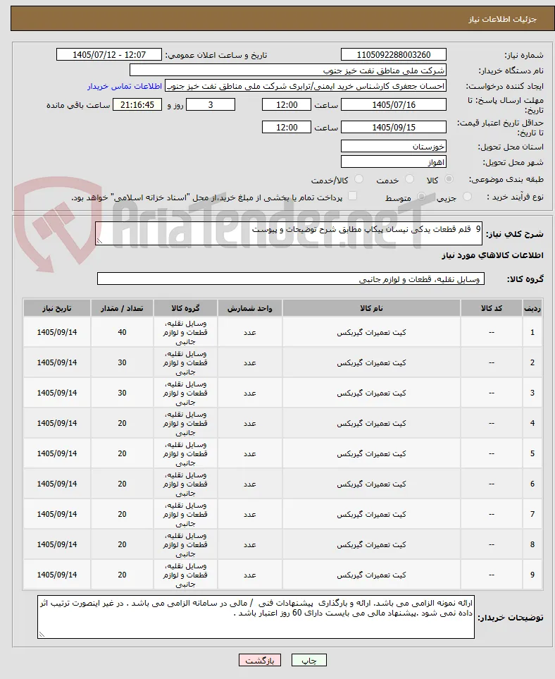 9  قلم قطعات یدکی نیسان پیکاپ مطابق شرح توضیحات و پیوست 
