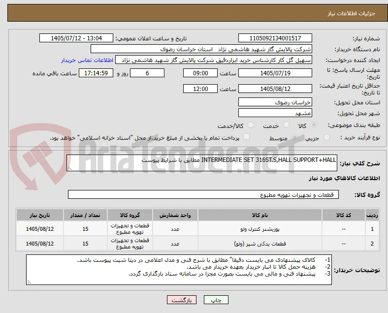 INTERMEDIATE SET 316ST.S,HALL SUPPORT+HALL مطابق با شرایط پیوست