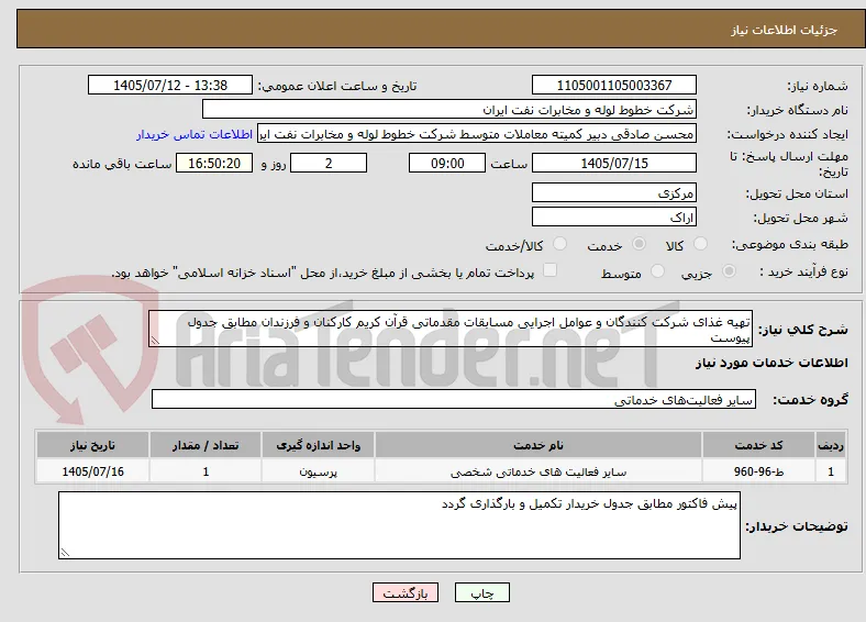 تهیه غذای شرکت کنندگان و عوامل اجرایی مسابقات مقدماتی قرآن کریم کارکنان و فرزندان مطابق جدول پیوست