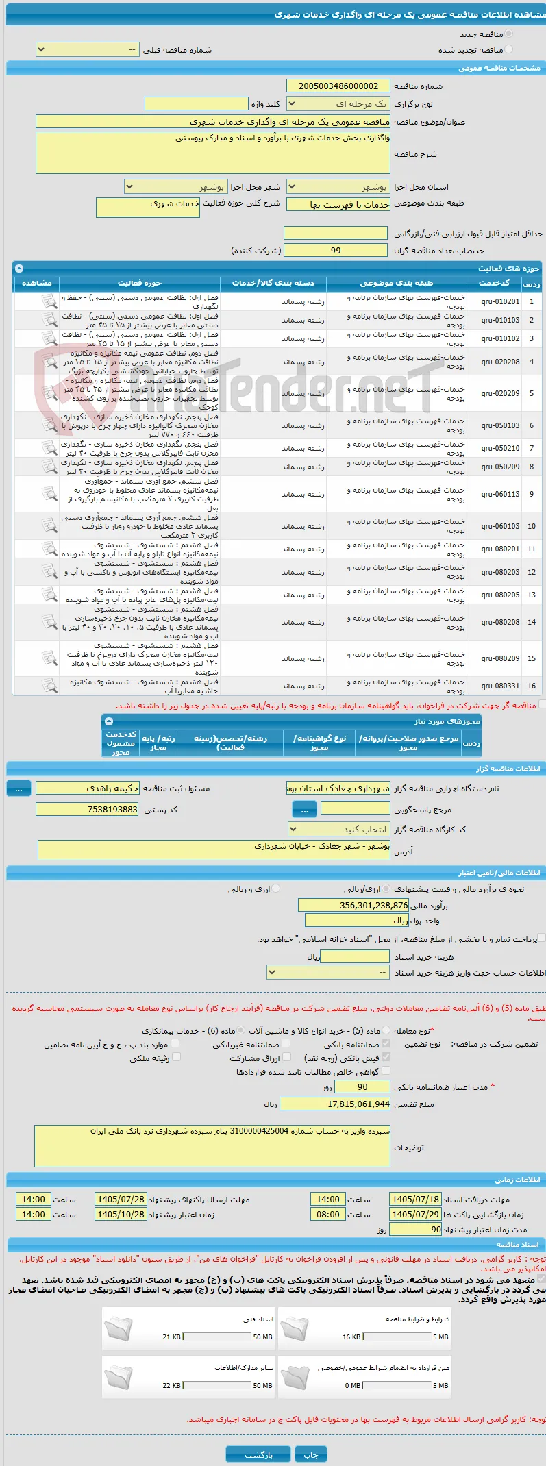 مناقصه عمومی یک مرحله ای واگذاری خدمات شهری