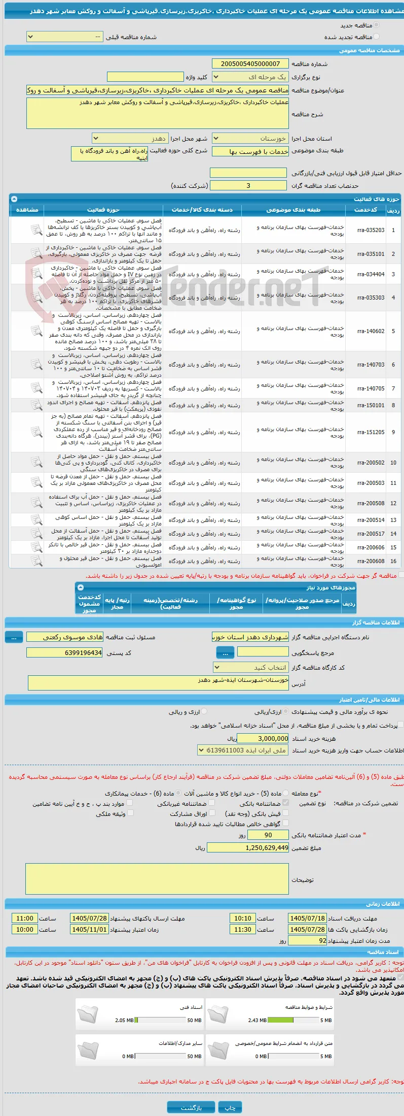مناقصه عمومی یک مرحله ای عملیات خاکبرداری ،خاکریزی،زیرسازی،قیرپاشی و آسفالت و روکش معابر شهر دهدز 