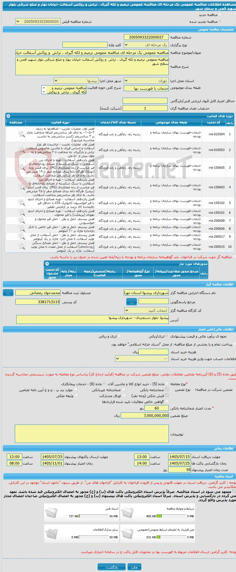 مناقصه عمومی یک مرحله ای مناقصه عمومی ترمیم و لکه گیری ، تراش  و روکش آسفالت خیابان بهار و ضلع شرقی بلوار شهید قمی و سطح شهر