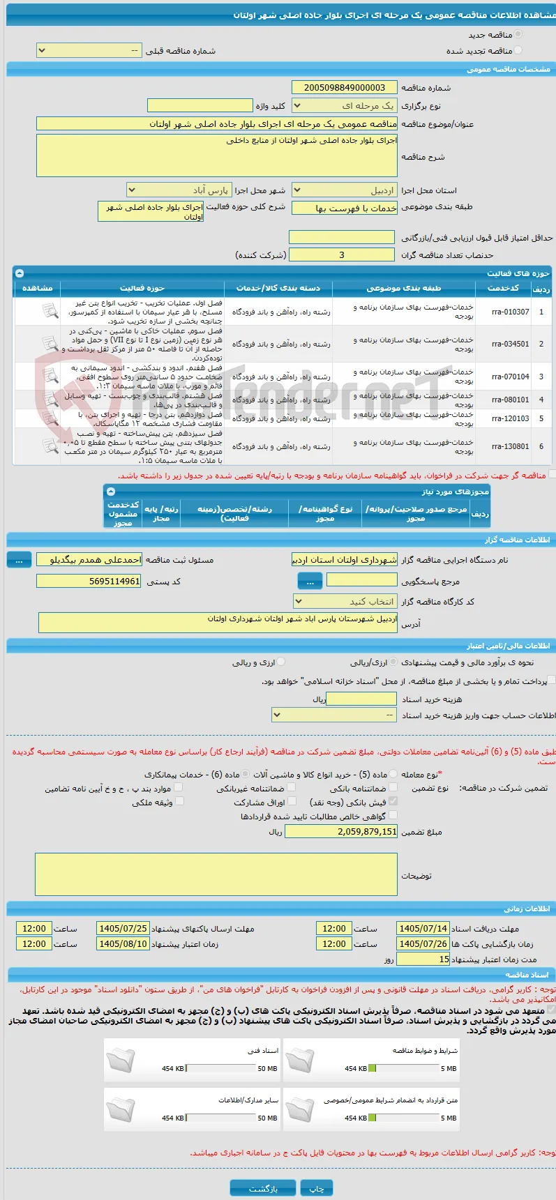 مناقصه عمومی یک مرحله ای اجرای بلوار جاده اصلی شهر اولتان