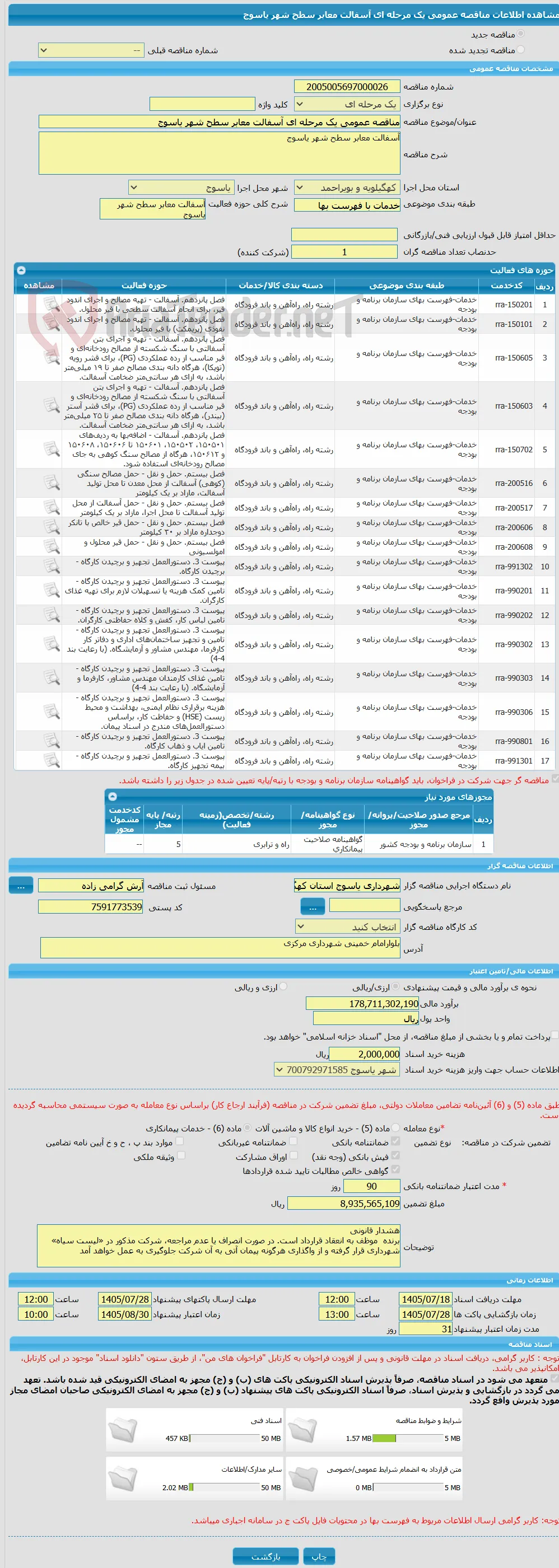 مناقصه عمومی یک مرحله ای آسفالت معابر سطح شهر یاسوج