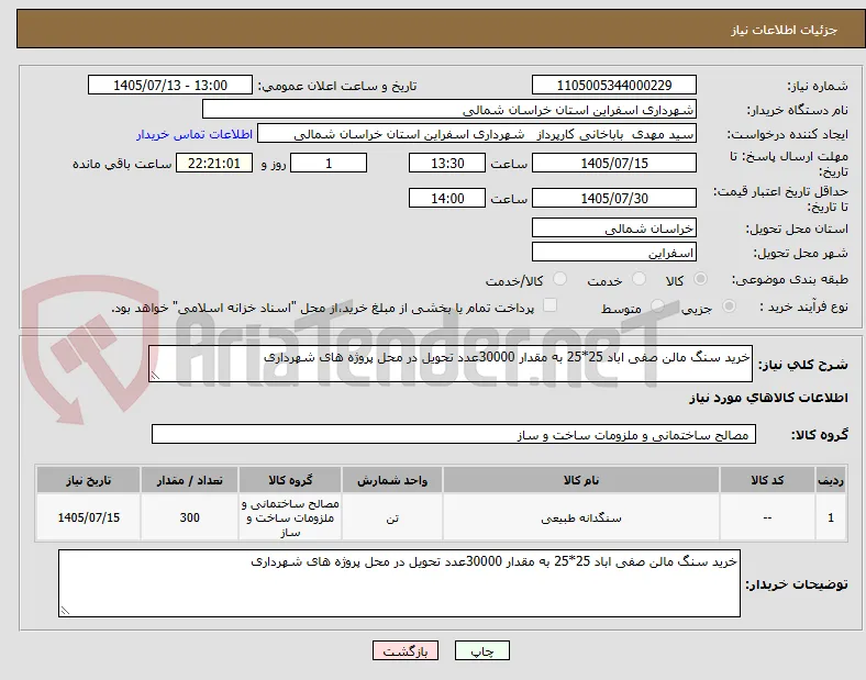 خرید سنگ مالن صفی اباد 25*25 به مقدار 30000عدد تحویل در محل پروژه های شهرداری 
