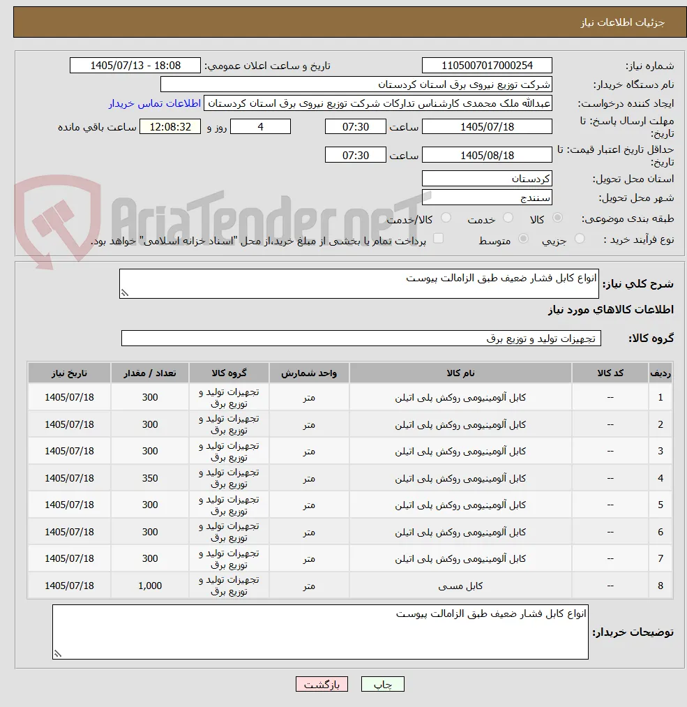 انواع کابل فشار ضعیف طبق الزامالت پیوست