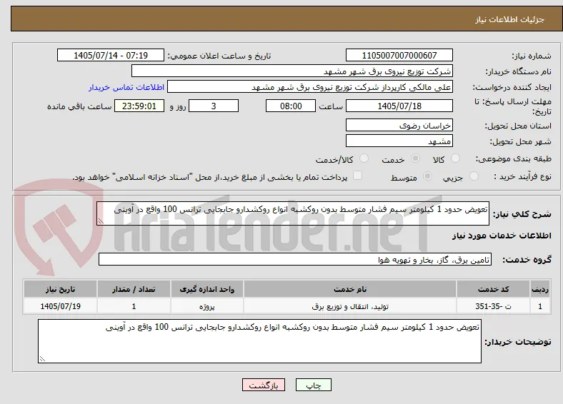 تعویض حدود 1 کیلومتر سیم فشار متوسط بدون روکشبه انواع روکشدارو جابجایی ترانس 100 واقع در آوینی