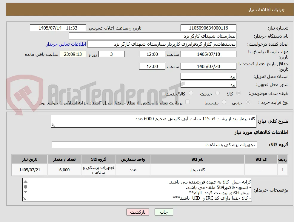 گان بیمار بند از پشت قد 115 سانت آبی کاربنی ضخیم 6000 عدد