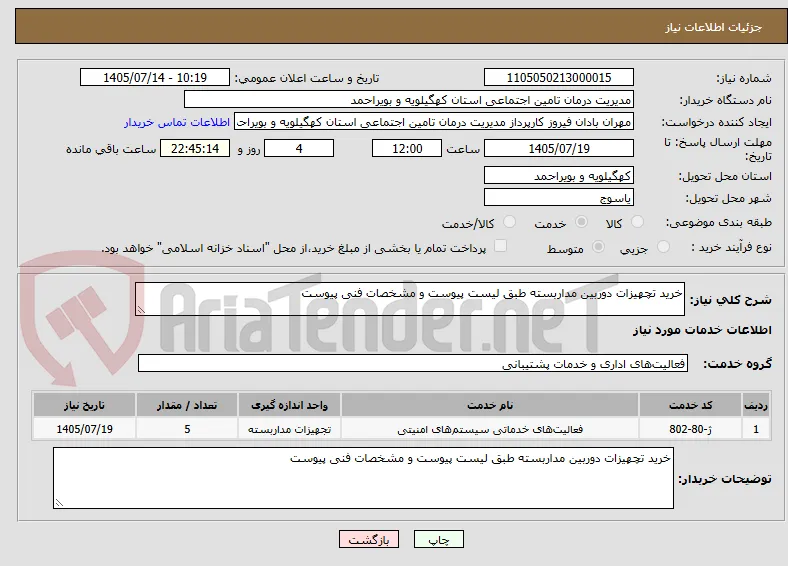 خرید تچهیزات دوربین مداربسته طبق لیست پیوست و مشخصات فنی پیوست