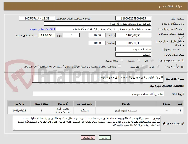 8 ردیف لوازم یدکی خودرو راهسازی طبق جدول پیوست