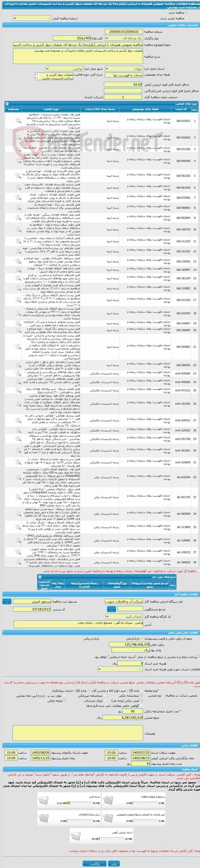 مناقصه عمومی همزمان با ارزیابی (یکپارچه) یک مرحله ای عملیات دیوار کشی و ساخت تاسیسات جانبی مخازن ذخیره آب در محدوده تحت پوشش