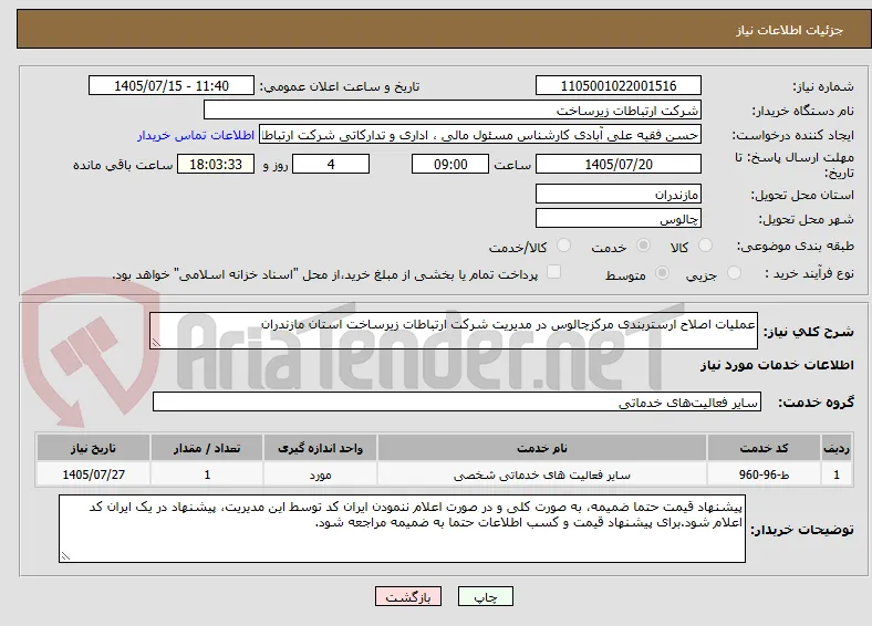 عملیات اصلاح ارستربندی مرکزچالوس در مدیریت شرکت ارتباطات زیرساخت استان مازندران 