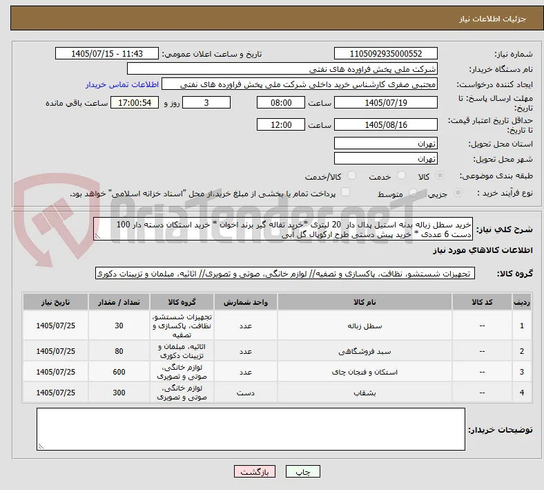 خرید سطل زباله بدنه استیل پدال دار  20 لیتری *خرید تفاله گیر برند اخوان * خرید استکان دسته دار 100 دست 6 عددی * خرید پیش دستی طرح ارکوپال گل آبی