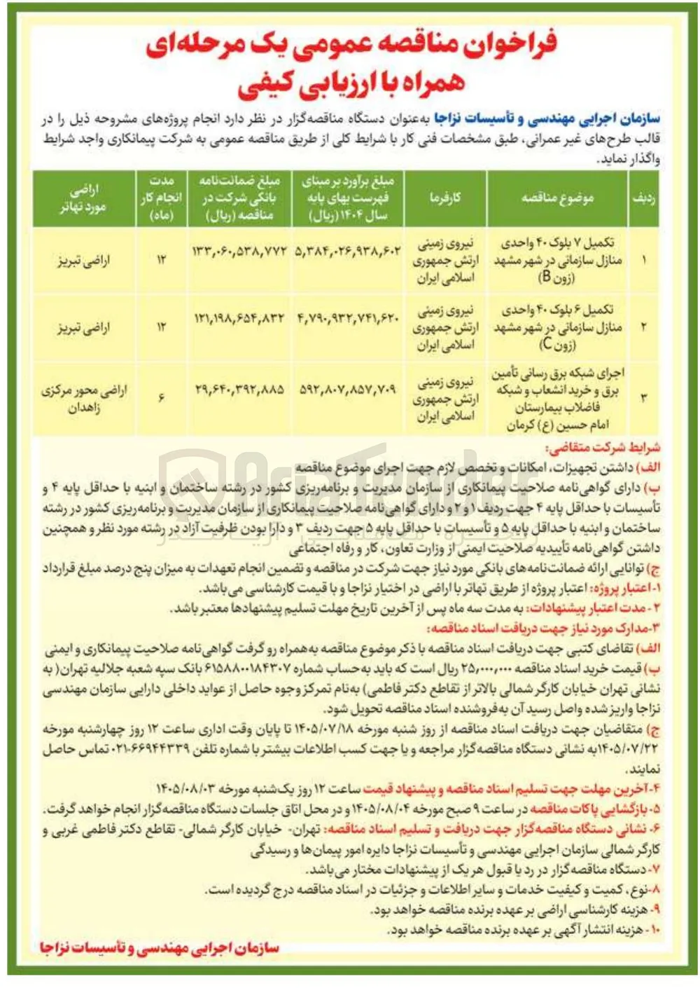 تکمیل ۷ بلوک ۴۰ واحدی منازل سازمانی در شهر مشهد (زون B) 