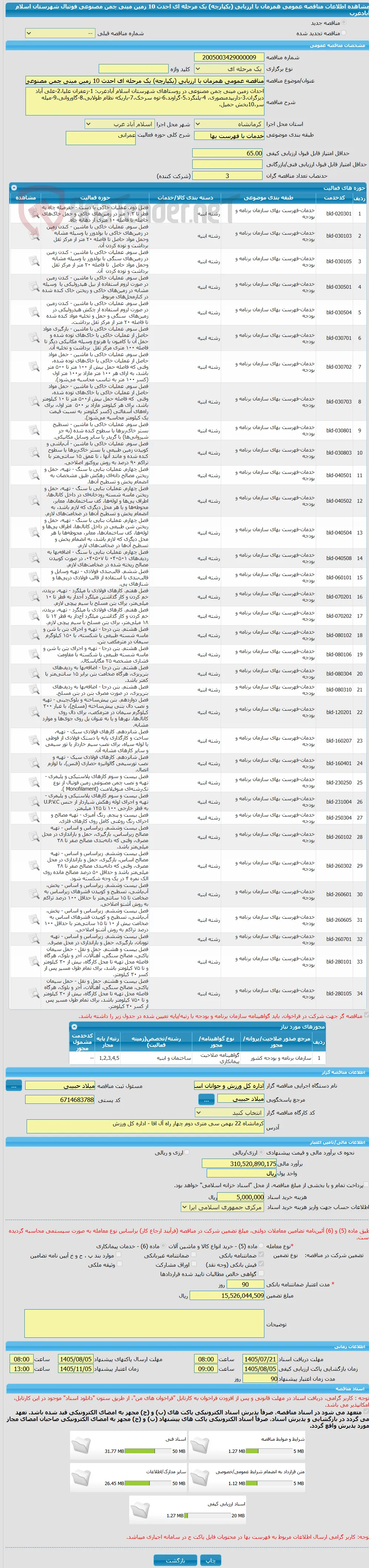 مناقصه عمومی همزمان با ارزیابی (یکپارچه) یک مرحله ای احدث 10 زمین مینی چمن مصنوعی فوتبال شهرستان اسلام آبادغرب