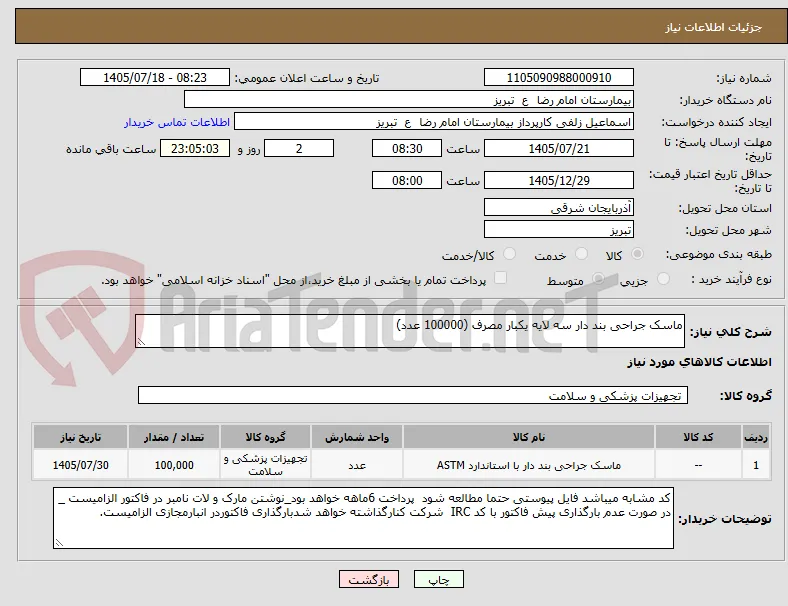 ماسک جراحی بند دار سه لایه یکبار مصرف (100000 عدد)