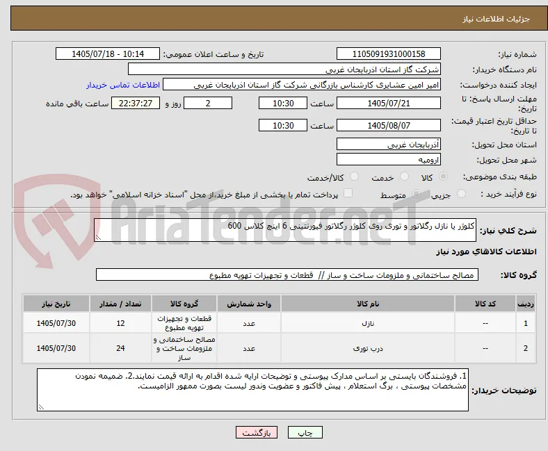کلوژر یا نازل رگلاتور و توری روی کلوژر رگلاتور فیورنتینی 6 اینچ کلاس 600