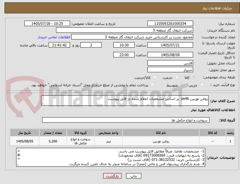 روغن توربین ps46  بر اساس مشخصات اعلام شده در فایل پیوست