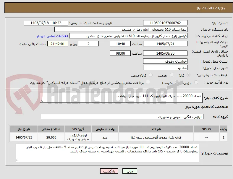  تعداد 20000 عدد ظرف آلومینیوم کد 111 مورد نیاز میباشد.