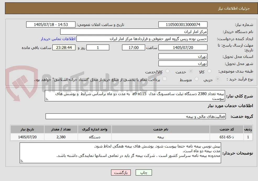 بیمه تعداد 2380 دستگاه تبلت سامسونگ مدل  a9-x115  به مدت دو ماه براساس شرایط  و پوشش های پیوست 