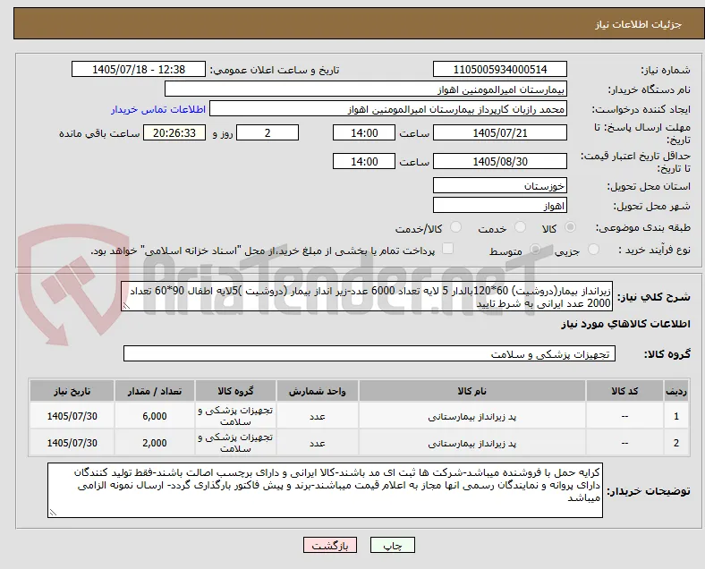 زیرانداز بیمار(دروشیت) 60*120بالدار 5 لایه تعداد 6000 عدد-زیر انداز بیمار (دروشیت )5لایه اطفال 90*60 تعداد 2000 عدد ایرانی به شرط تایید