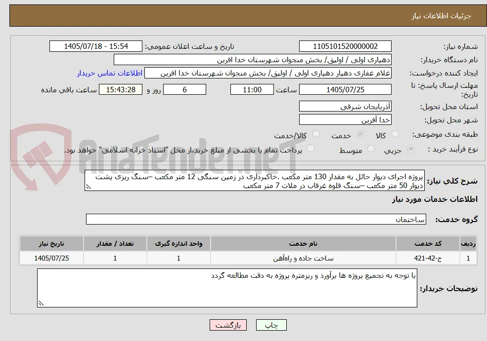 پروژه اجرای دیوار حائل به مقدار 130 متر مکعب .خاکبرداری در زمین سنگی 12 متر مکعب –سنگ ریزی پشت دیوار 50 متر مکعب –سنگ قلوه غرقاب در ملات 7 متر مکعب