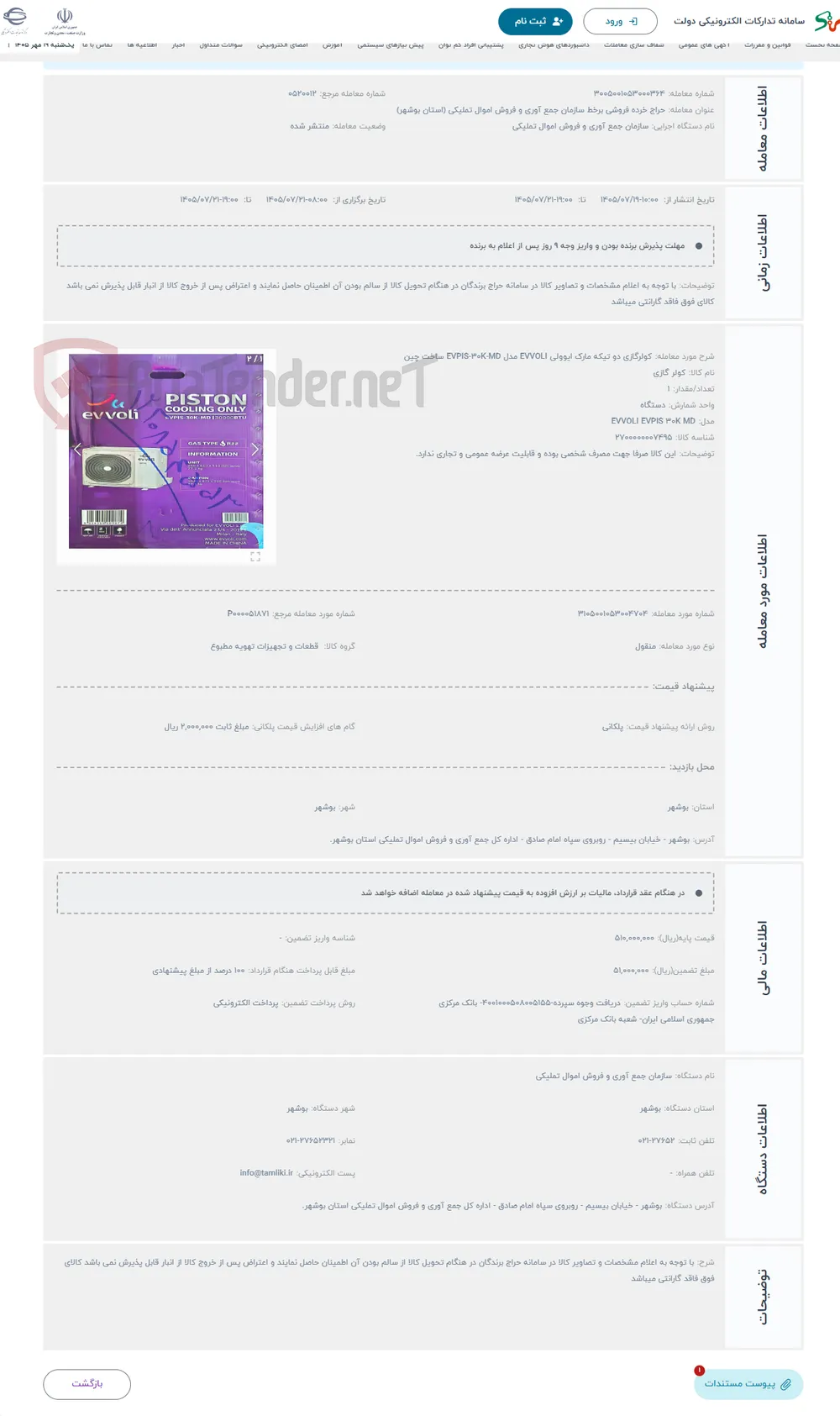 حراج کولرگازی دو تیکه مارک ایوولی EVVOLI مدل EVPIS-۳۰K-MD ساخت چین