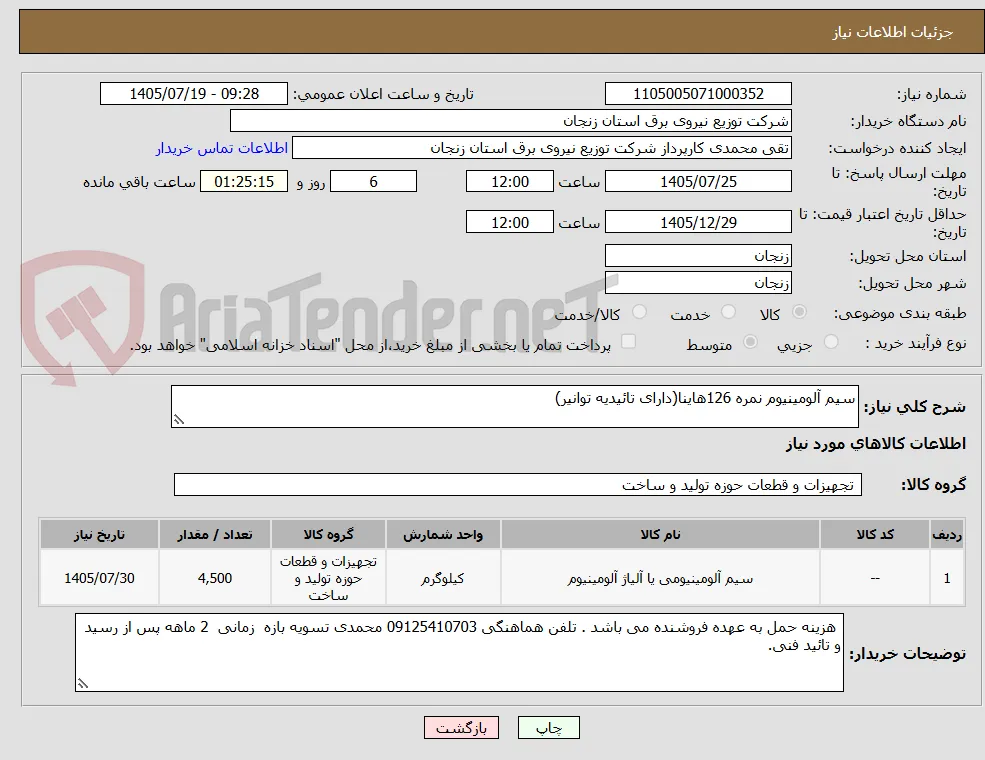سیم آلومینیوم نمره 126هاینا(دارای تائیدیه توانیر)