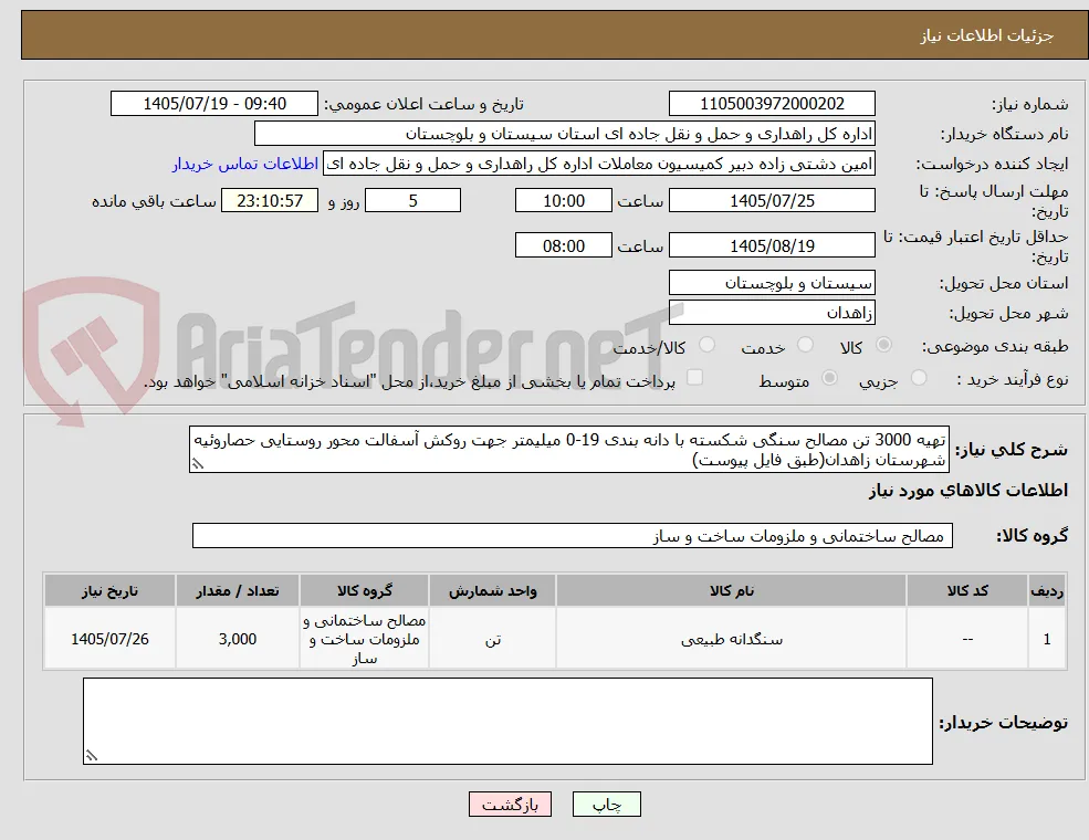 تهیه 3000 تن مصالح سنگی شکسته با دانه بندی 19-0 میلیمتر جهت روکش آسفالت محور روستایی حصاروئیه شهرستان زاهدان(طبق فایل پیوست)