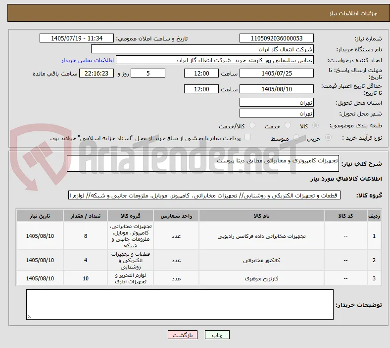 تجهیزات کامپیوتری و مخابراتی مطابق دیتا پیوست