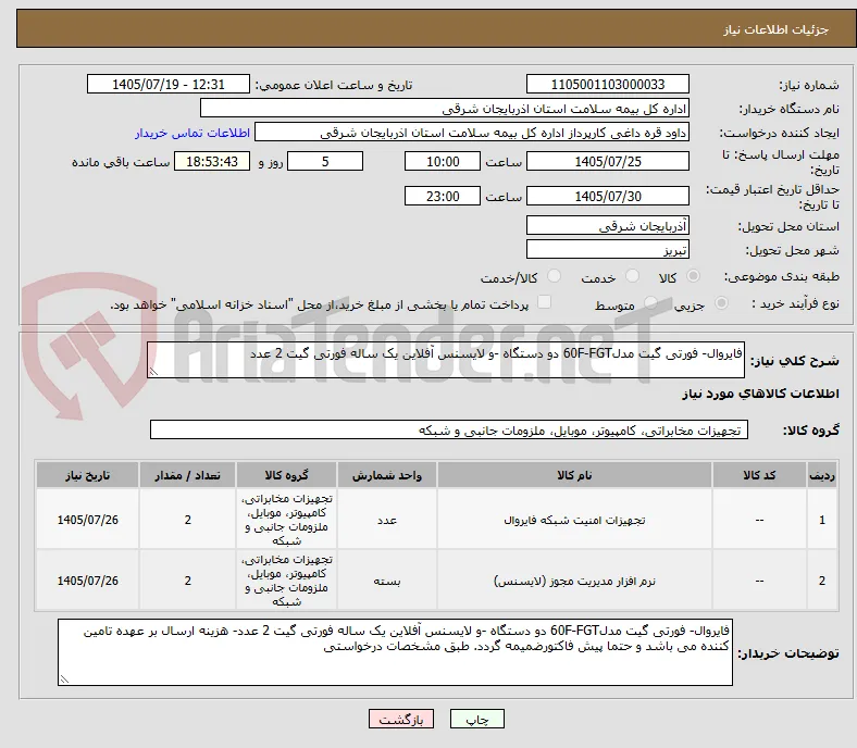 فایروال- فورتی گیت مدل60F-FGT دو دستگاه -و لایسنس آفلاین یک ساله فورتی گیت 2 عدد