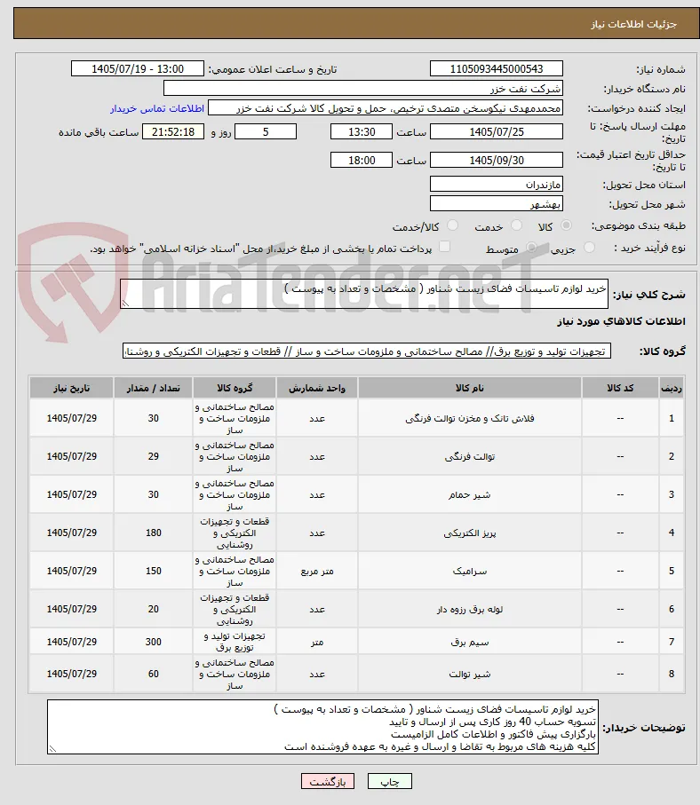 خرید لوازم تاسیسات فضای زیست شناور ( مشخصات و تعداد به پیوست ) 