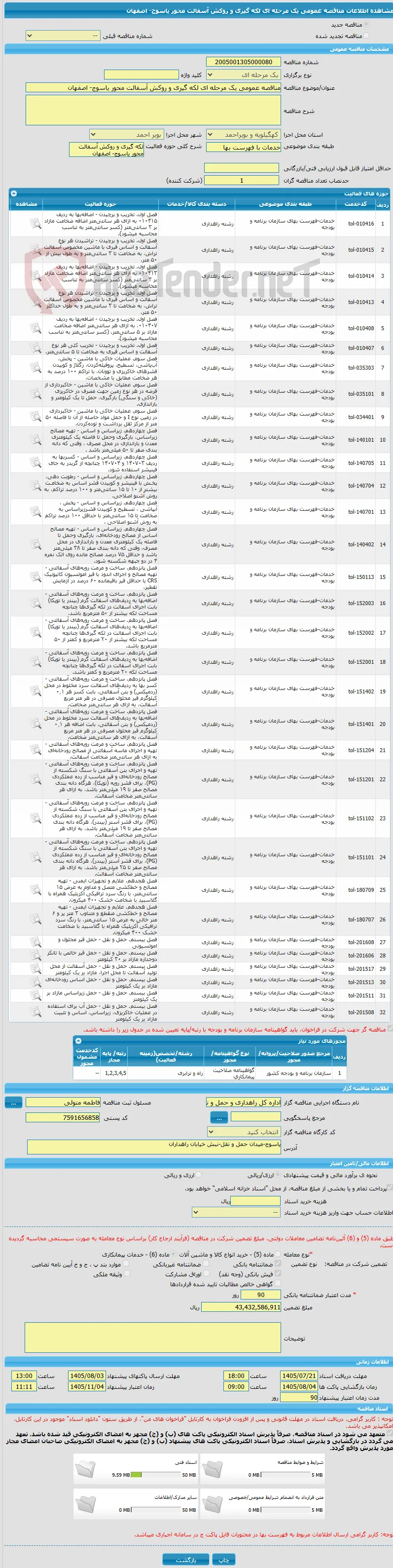 مناقصه عمومی یک مرحله ای لکه گیری و روکش آسفالت محور یاسوج- اصفهان