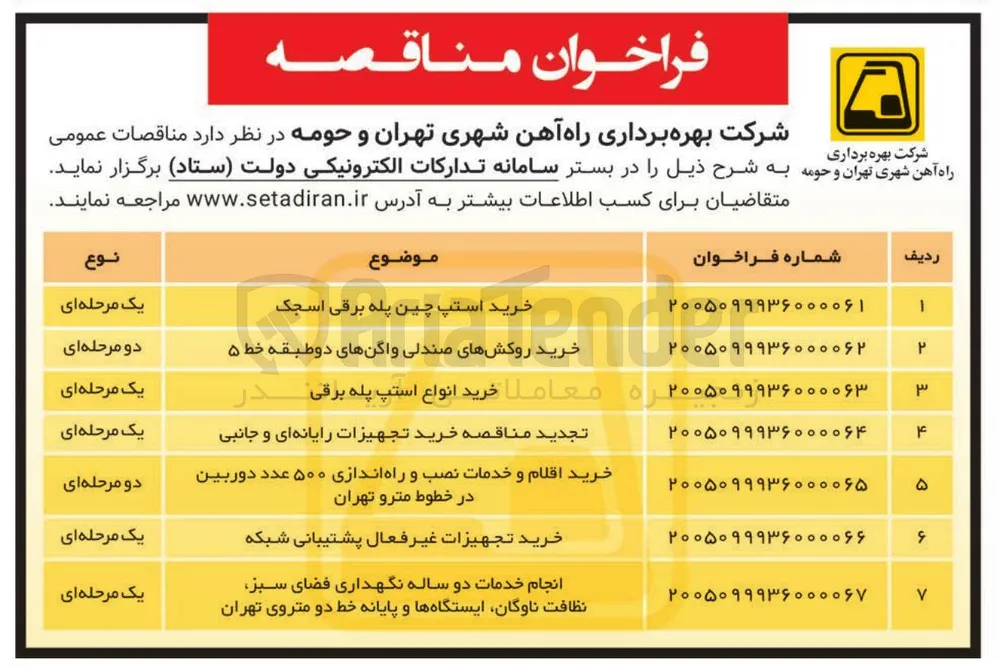 خرید اقلام و خدمات نصب و راه‌اندازی ۵۰۰ عدد دوربین در خطوط مترو تهران 