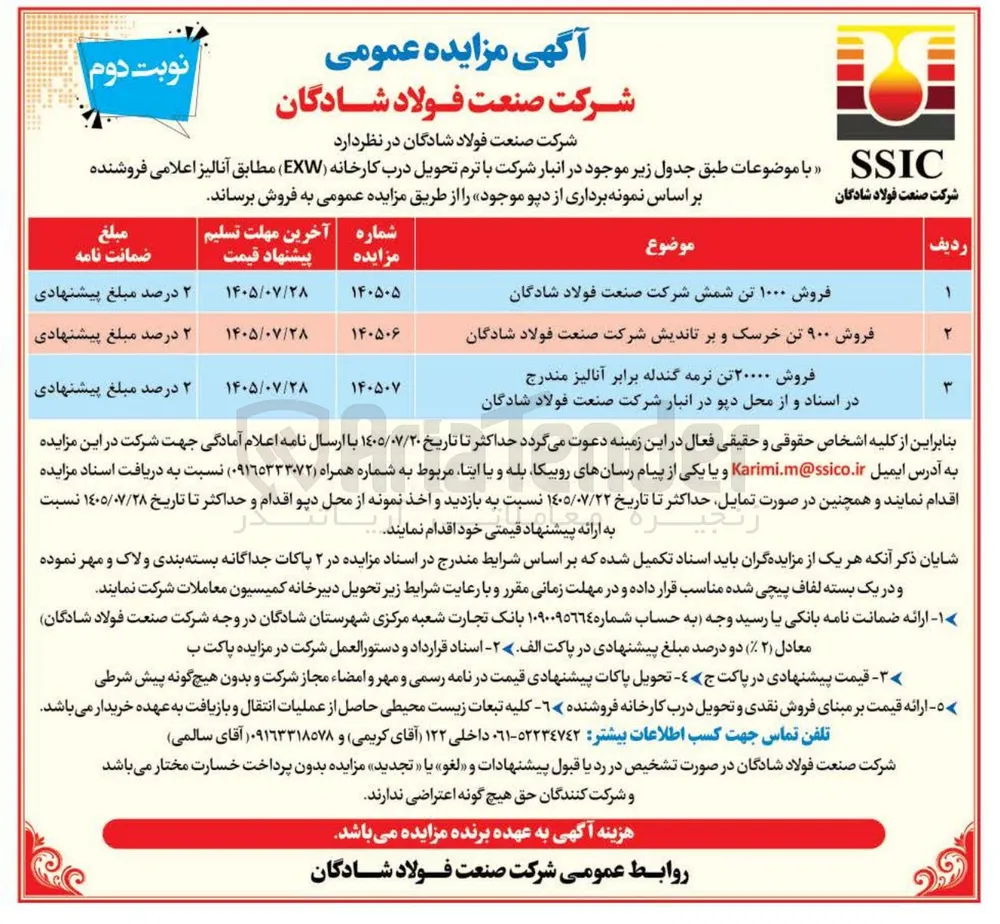 فروش ۹۰۰ تن خرسک و بر تاندیش شرکت صنعت فولاد شادگان