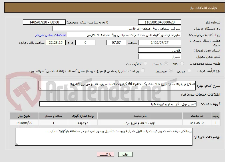 اصلاح و بهینه سازی برج های مشبک خطوط 66 کیلوولت فسا-سروستان و نی ریز-قطرویه