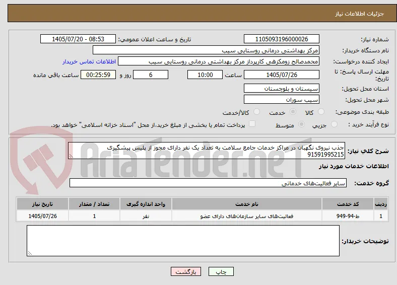 جذب نیروی نگهبان در مراکز خدمات جامع سلامت به تعداد یک نفر دارای مجوز از پلیس پیشگیری 91591995215