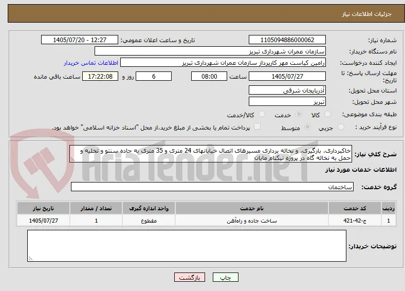 خاکبرداری، بارگیری، و نخاله برداری مسیرهای اتصال خیابانهای 24 متری و 35 متری به جاده سنتو و تخلیه و حمل به نخاله گاه در پروژه نیکنام مایان 