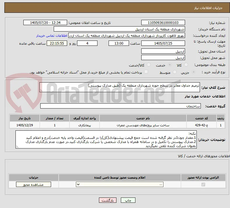 ترمیم جداول معابر در سطح حوزه شهرداری منطقه یک (طبق مدارک پیوستی)
