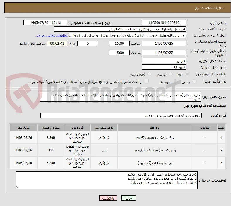 خرید مصالح(رنگ سرد.گلاسبید.تینر) جهت محورهای شریانی و آشکارسازی نقاط حادثه خیز شهرستان فیروزآباد
