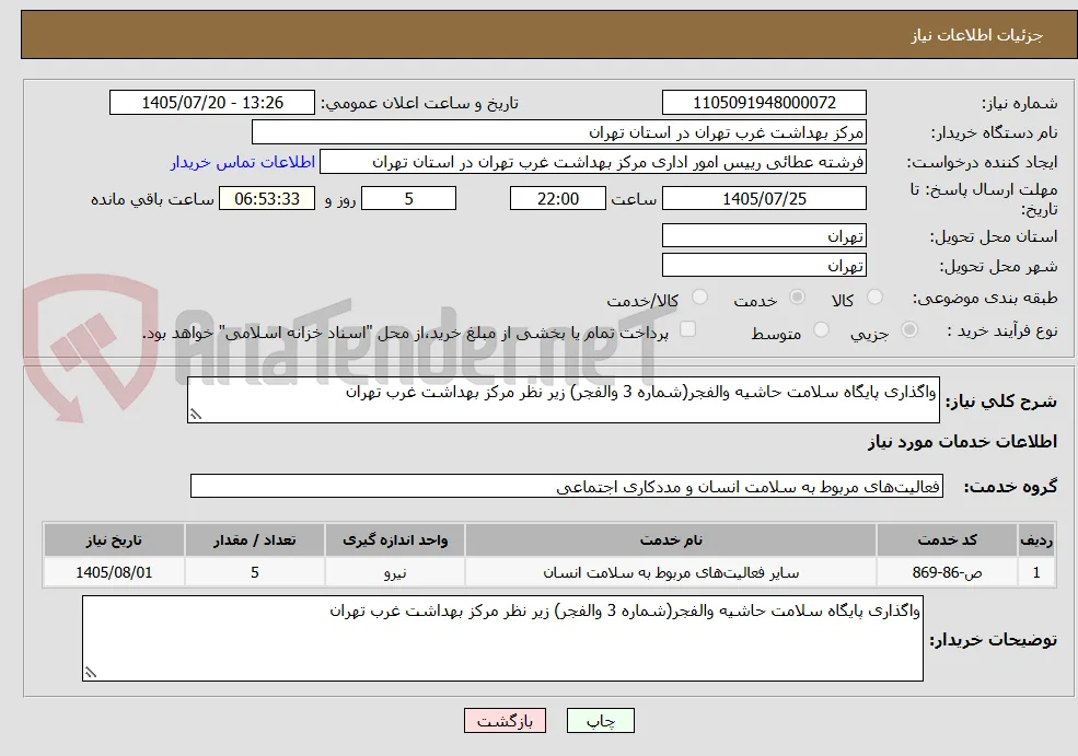واگذاری پایگاه سلامت حاشیه والفجر(شماره 3 والفجر) زیر نظر مرکز بهداشت غرب تهران