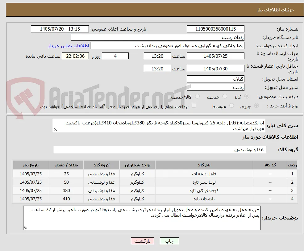 ایرانکدمشابه:(فلفل دلمه 25 کیلو،لوبیا سبز50کیلو،گوجه فرنگی380کیلو،بادمجان 410کیلو)مرغوب باکیفیت موردنیاز میباشد.
