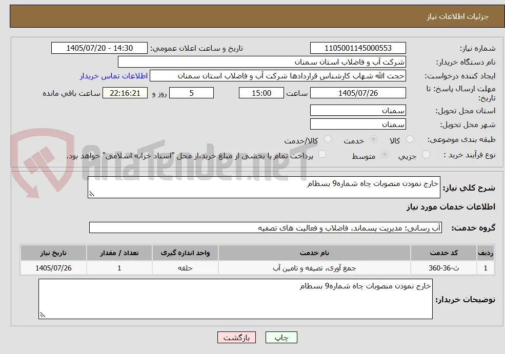 خارج نمودن منصوبات چاه شماره9 بسطام
