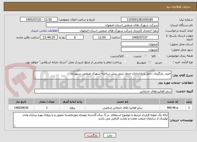 خرید ،بارگیری ،حمل و باراندازی جدول بتنی پیش ساخته شهرک صنعتی سپهرآباد