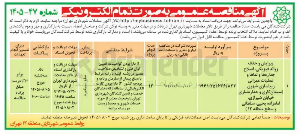 پیرایش و حذف زوائد فیزیکی، اصلاح جداره ها و نماها و عملیات عمرانی زیباسازی شهری (سیمان کاری و جداره سازی خیابان شیرازی، امامزاده یحیی، سلطانی و سطح منطقه ۱۲)