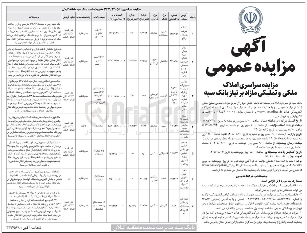 مزایده سراسری املاک ملکی و تملیکی مازاد بر نیاز بانک سپه