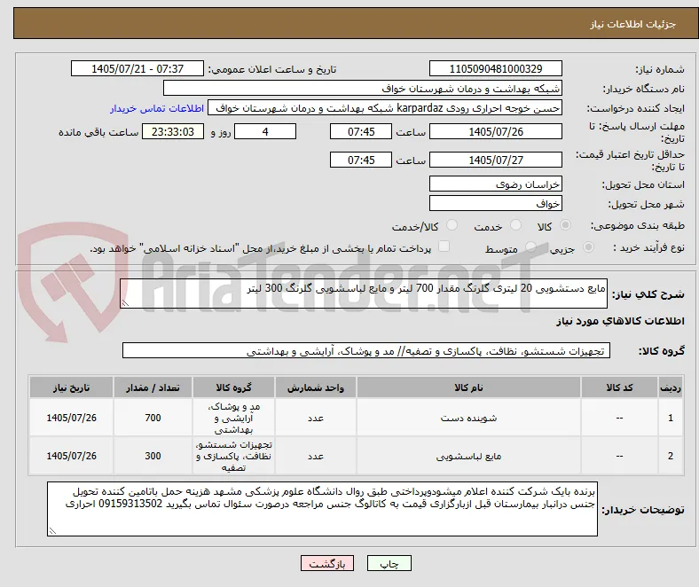مایع دستشویی 20 لیتری گلرنگ مقدار 700 لیتر و مایع لباسشویی گلرنگ 300 لیتر