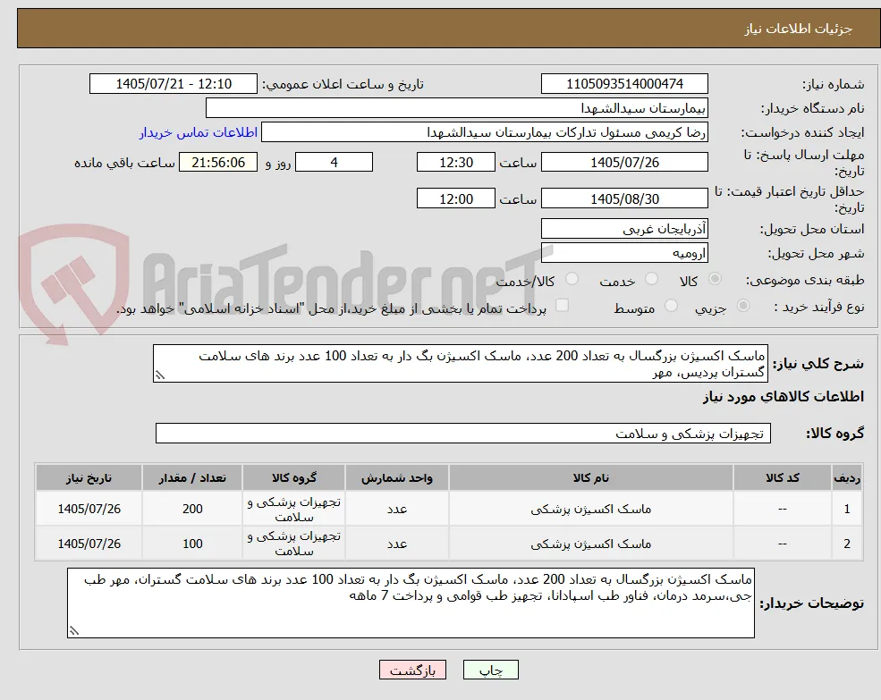 ماسک اکسیژن بزرگسال به تعداد 200 عدد، ماسک اکسیژن بگ دار به تعداد 100 عدد برند های سلامت گستران پردیس، مهر 