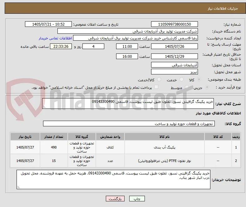 خرید پکینگ گرافیتی نسوز، تفلون طبق لیست پیوست. قاسمی 09143300490