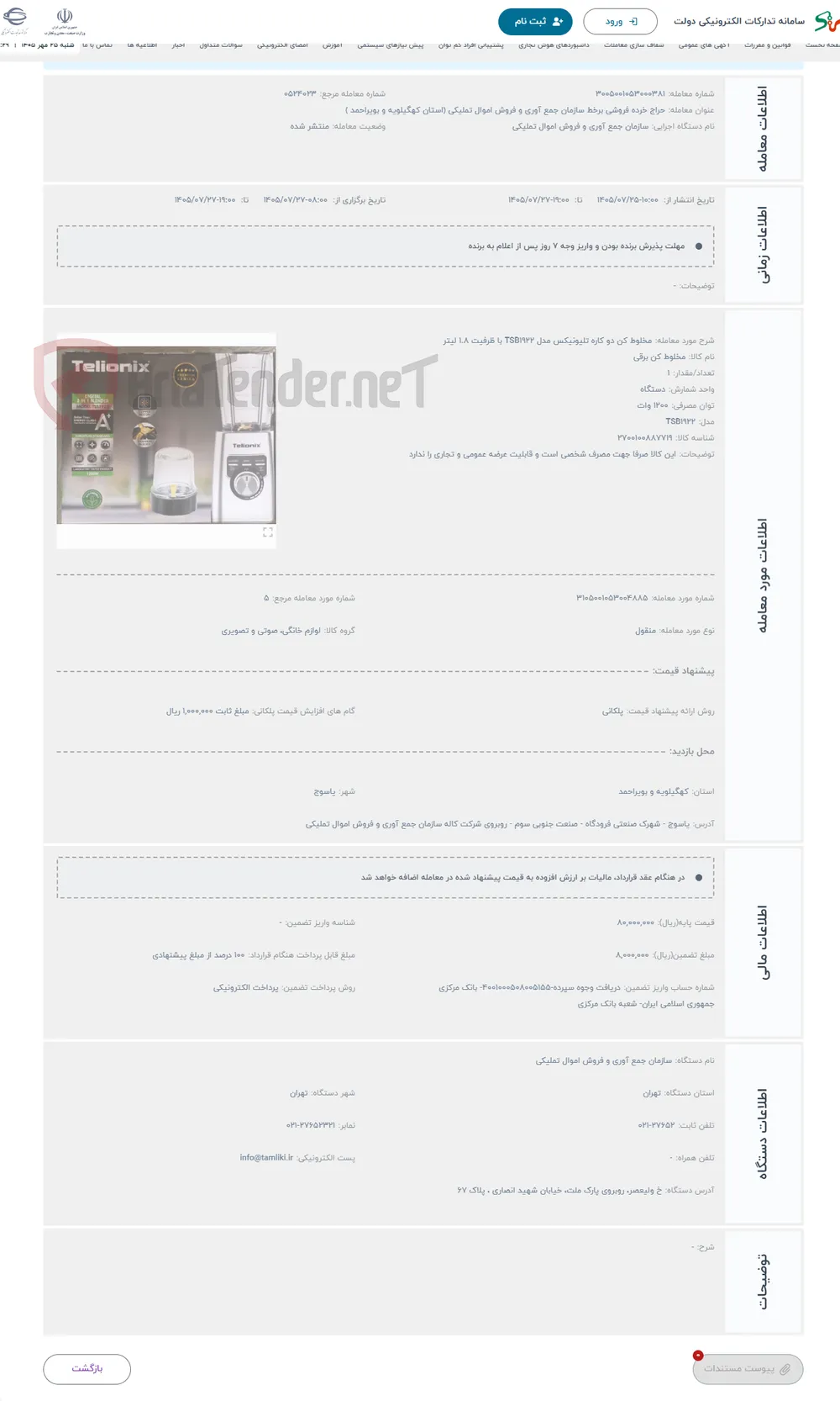 حراج مخلوط کن دو کاره تلیونیکس مدل TSB1922 با ظرفیت ۱.۸ لیتر 